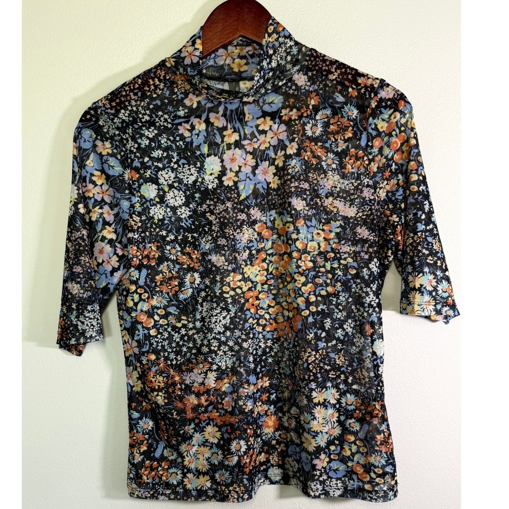 Anthropologie Womens Size M Floral Mesh Mock Neck Top Elbow Sleeve Romantic Fall